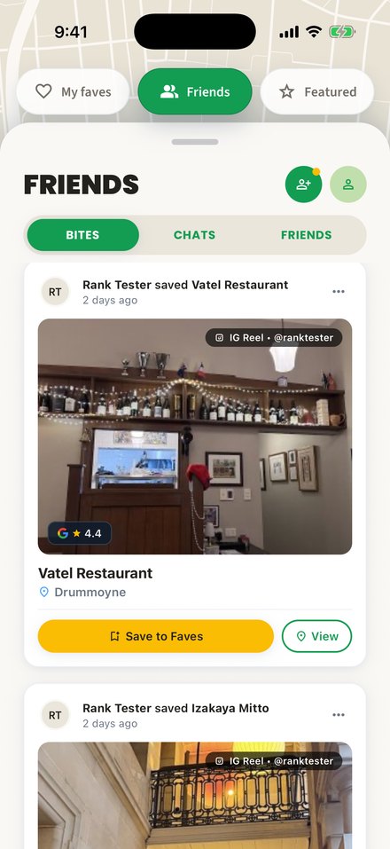 The Bites feed in MyFoodMap: a friend's saved restaurant with its Instagram reel, rating and a Save to Faves button.