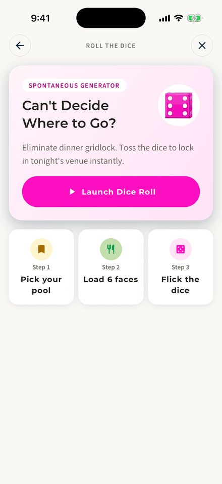 The Roll the Dice intro: Can't Decide Where to Go? with a Launch Dice Roll button and three steps, pick your pool, load 6 faces, flick the dice.