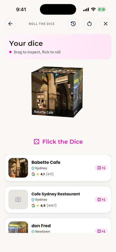The Your dice screen: a cube showing Babette Cafe, a Flick the Dice button, and a card for each place on the dice.