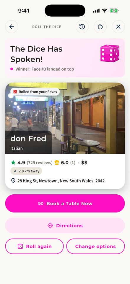 The Dice Has Spoken! result: don Fred in Newtown with its Google and MyFoodMap ratings, distance and address, and Book a Table Now, Directions, Roll again and Change options buttons.