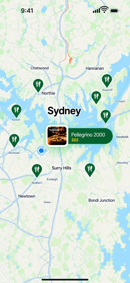 A stylised map of Sydney with green restaurant pins across the suburbs and a callout for Pellegrino 2000.