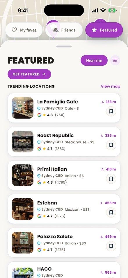 The MyFoodMap Featured list, showing trending Sydney venues with photos, cuisine, price and ratings.