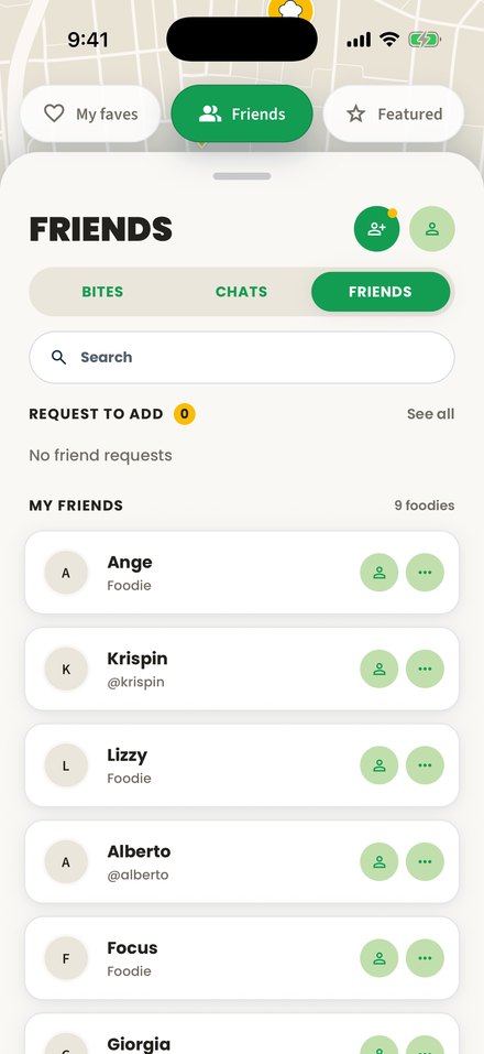 The MyFoodMap friends list.