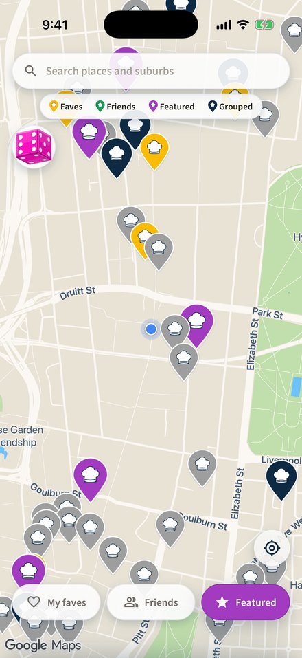 The MyFoodMap map of central Sydney with saved restaurants pinned across it.
