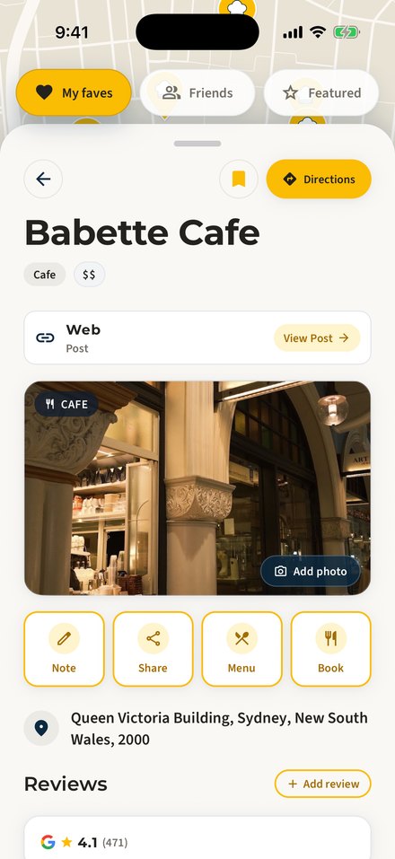 A saved restaurant's detail card in MyFoodMap, with its address and the option to get directions.