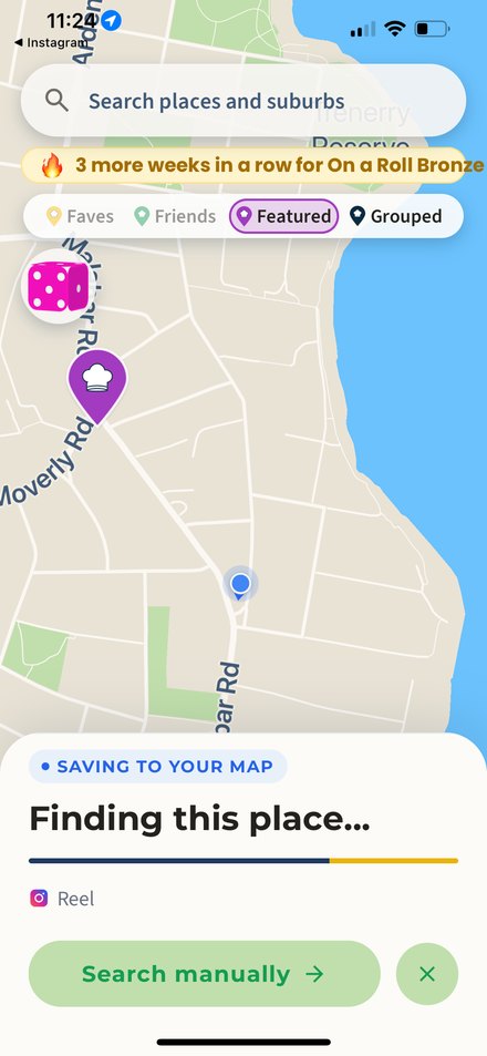 MyFoodMap over the map: Saving to your map, Finding this place, with a progress bar.