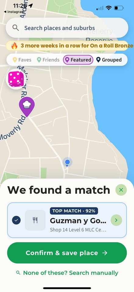 We found a match: Guzman y Gomez as the top match at 92%, with a Confirm & save place button.